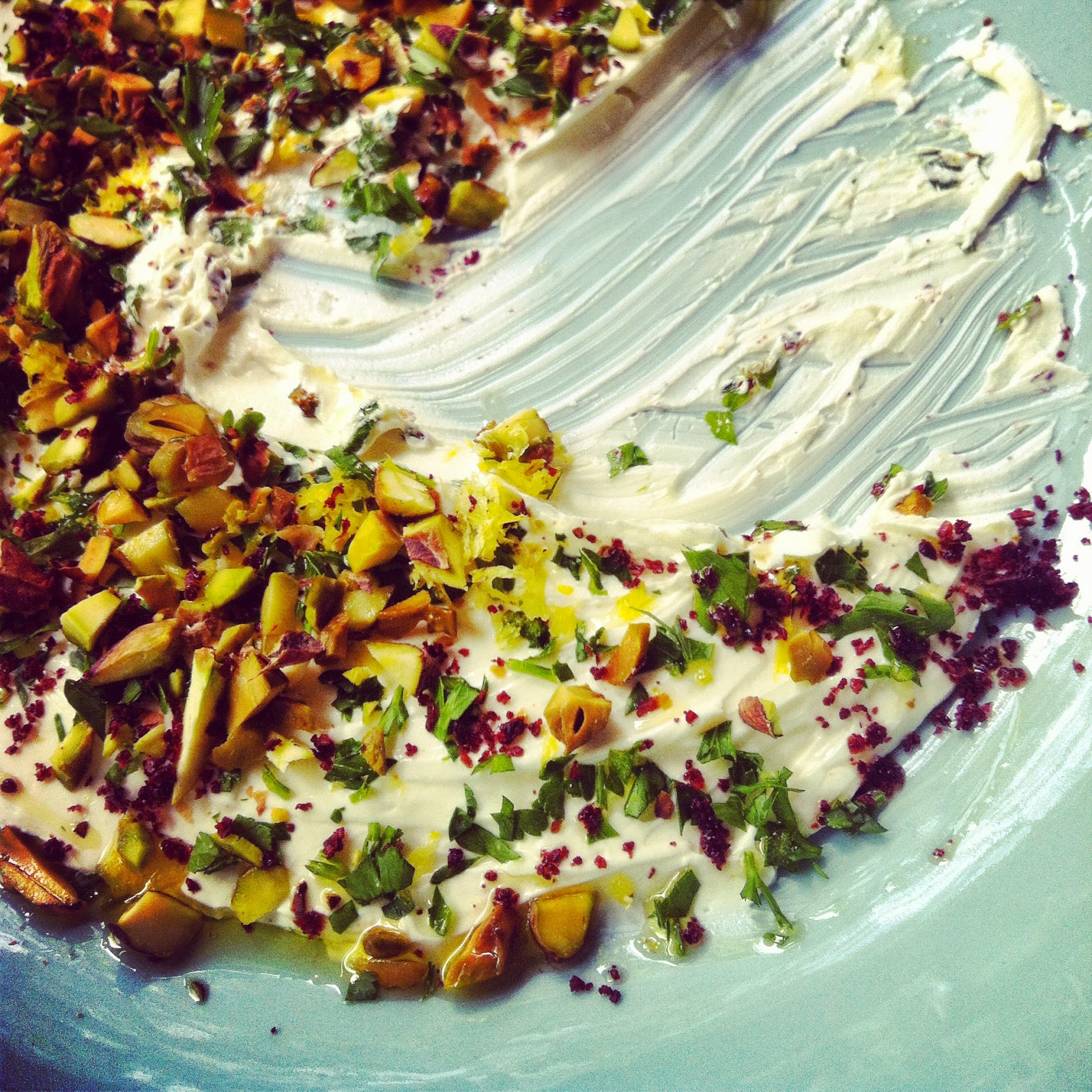 Alice Bakes a Cake Labneh with sumac, parsley, lemon and pistachios