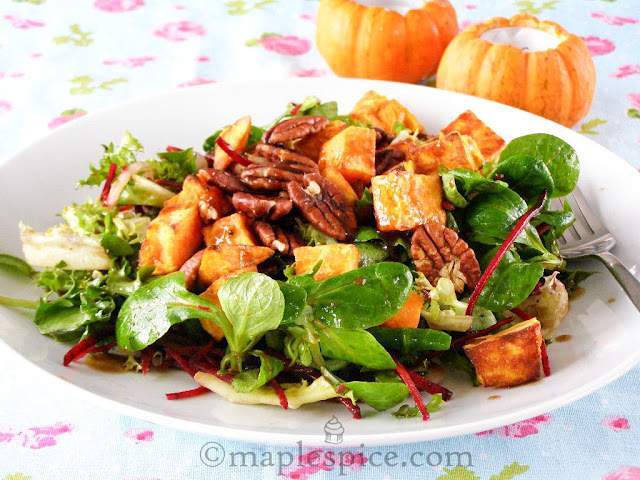 Warm Roasted Sweet Potato and Pecan Salad with Mixed Leaf and Beetroot with a Maple-Balsamic Dressing