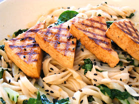Spicy Sesame Ginger Griddled Tofu with Pak Choi and Rice Noodles