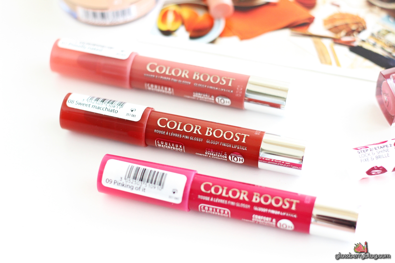 Bourjois Colour Boost Lip Crayon  - Proudly Naked, Sweet Machiato, Pinking Of It 09 08 07 review swatches comparison fuchsia libre new colors stain glossy chubby swatch recommendation המלצה צ'אבי בורז'ואה בורג'ואה שפתון בלוג איפור וטיפוח Glossberry blog גלוסברי 