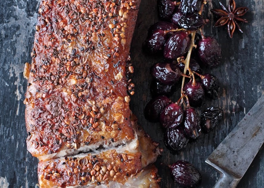 appledrane Panch phoran pork belly with roasted grapes