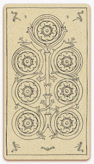 Seven of Coins card - inked illustration - In the spirit of the Marseille tarot - minor arcana - design and illustration by Cesare Asaro - Curio & Co. (Curio and Co. OG - www.curioandco.com)