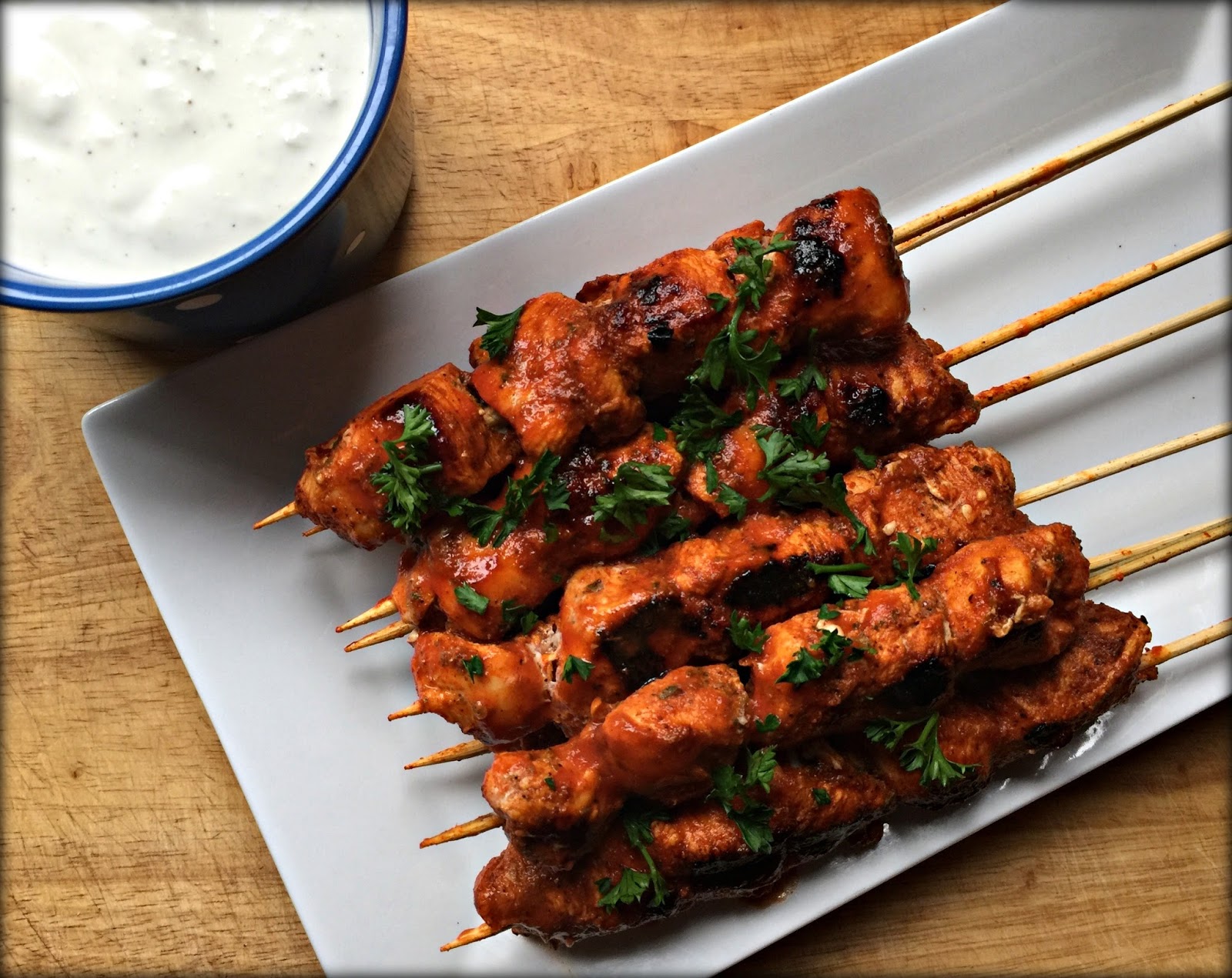 HiLine Healthy Buffalo Chicken Bite Skewers with Blue Cheese Yogurt Dip