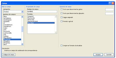 Cuadro de diálogo de campos Cuadro de diálogo de campos