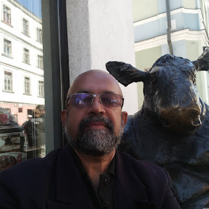 "Selfie" with the statue of a cow in Tallinn.