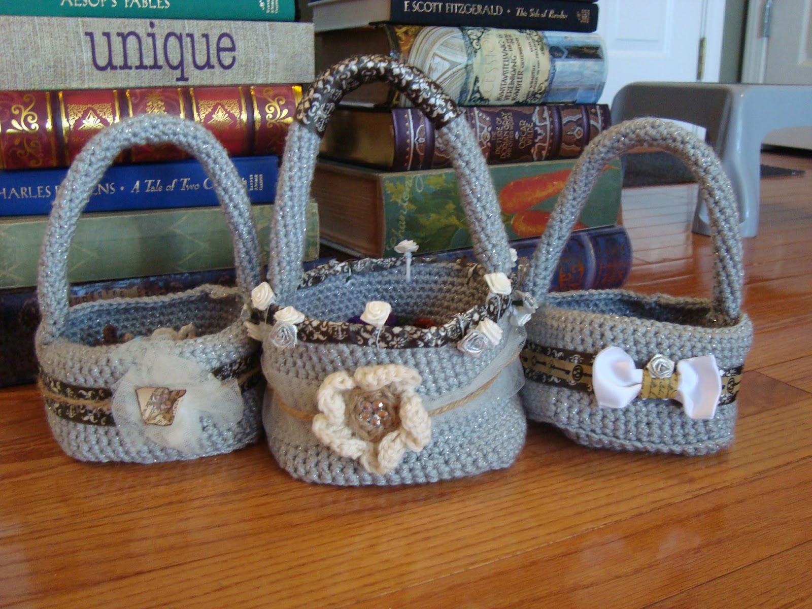 DIY Literary Wedding Crocheted Flowers and Flower Girl Baskets