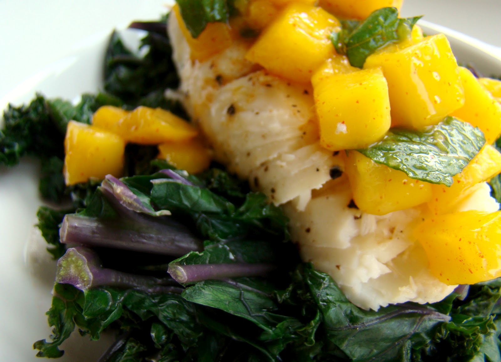 Halibut & kale with mango mint salsa
