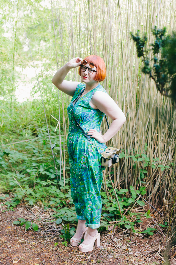 Edinburgh, Royal Botanic Gardens, Tropical style, summer style, jumpsuit, Nicely Eclectic, ebay sunglasses, Lucky Dip Club necklace, shell necklace, Accessorize camera bag, novelty handbag, Mint & Chillies, Mint and Chillies photography, girl gang, girl gang weekender, crazy jumpsuit, red head, ginger
