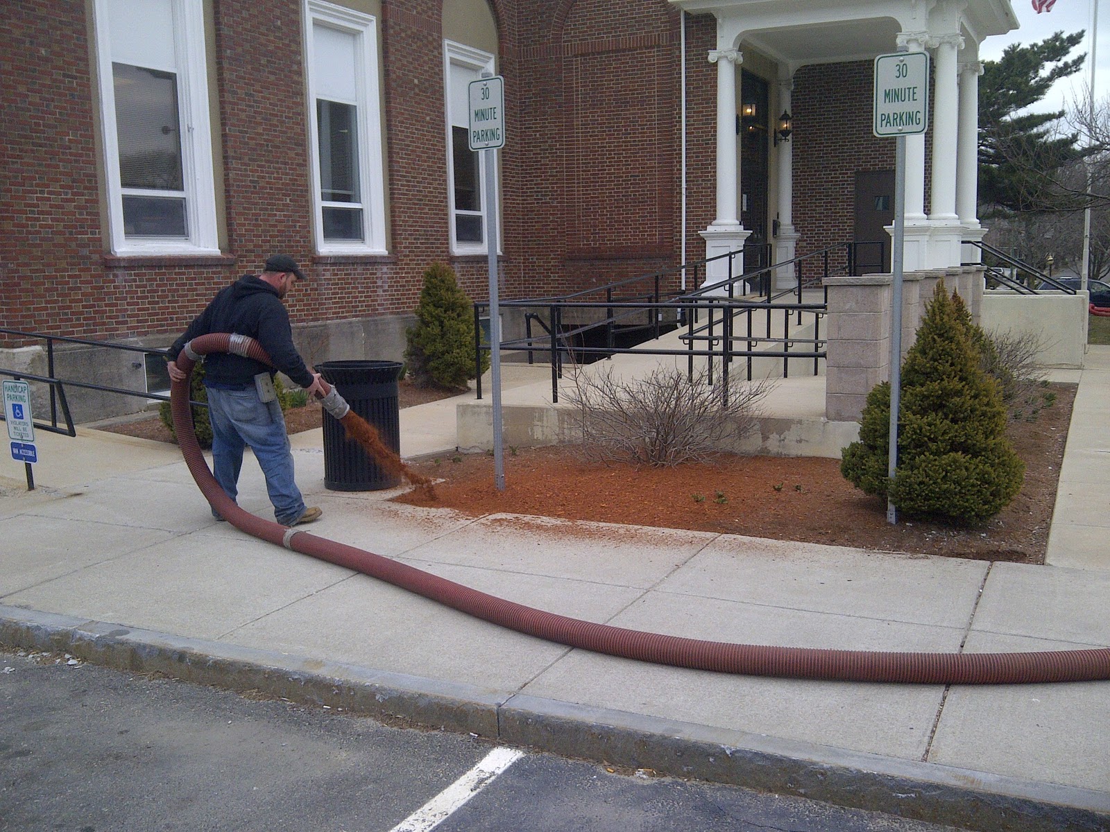 Spreading Mulch at Wakefield, MA Town Hall Jeff's Landscape Inc.