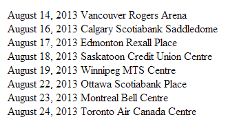 Selena Gomez, Stars Dance, 2013, Canada, Tour, Schedule