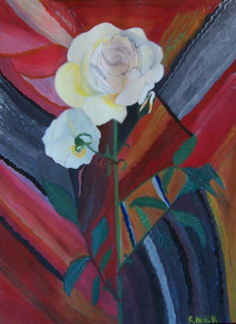 "The beautiful dream and hope" A white rose symbol of hope,  acrylic painting in an abstract background by Fathia Nasr.