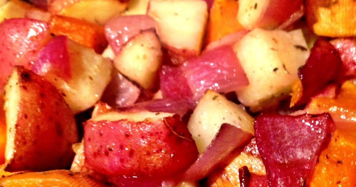 Young and Entertaining Roasted Red & Sweet Potatoes with Onion