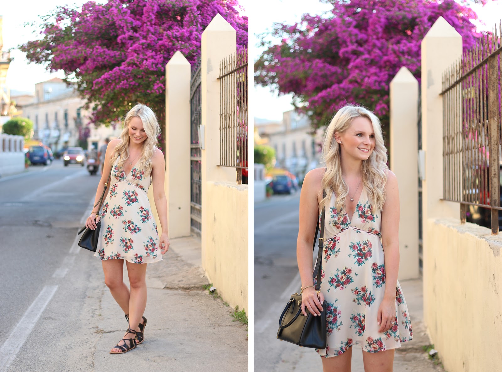 a blonde girl stands in front of purple flowers, wearing a floral dress in italy