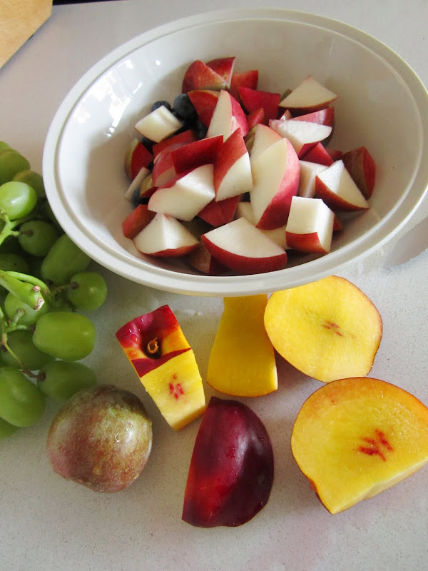 Most of the fruit is cut in a white bowl, there is one nectarine and a pluot on the table that need to be cut