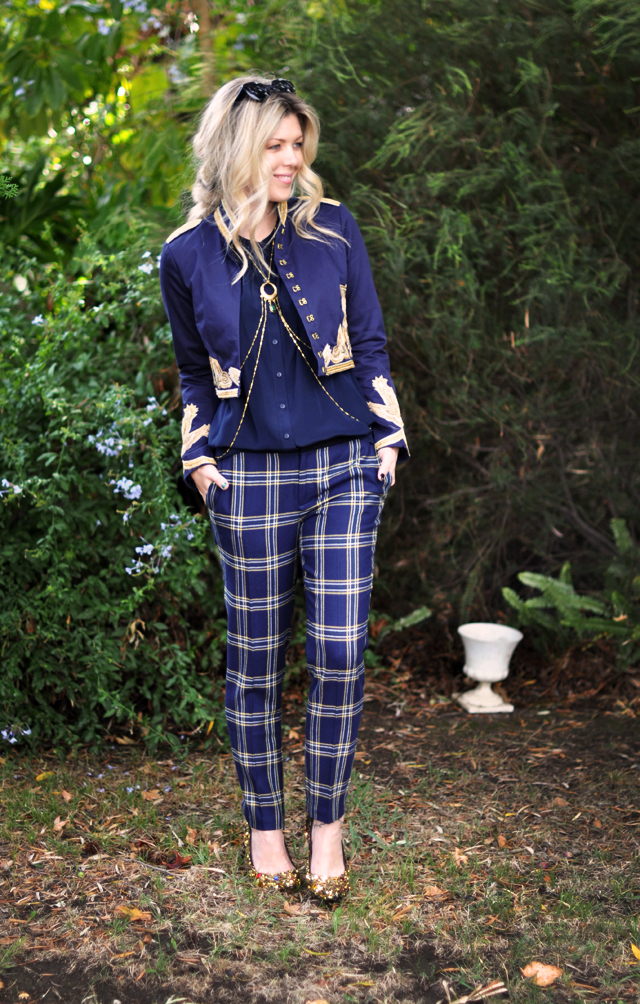 plaid pants, navy jacket with gold embroidery