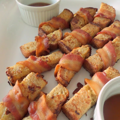 Bacon Wrapped French Toast:  Sweet french toast sticks wrapped in crunchy, salty bacon.  A great hand held breakfast.
