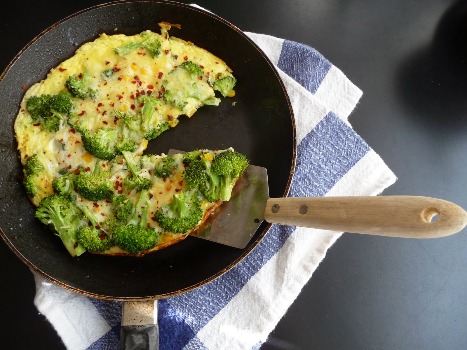 food setting roasted broccoli & corn frittata