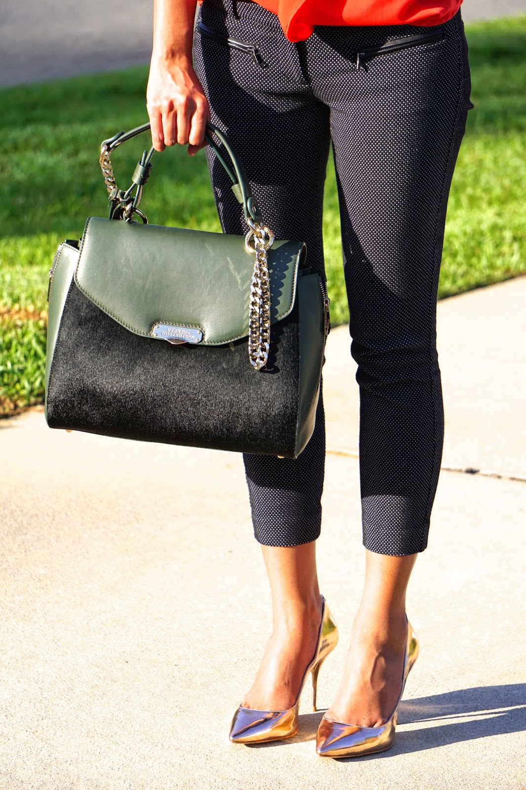 Army Green, Rose Gold Pumps & Bright Chiffon Ruffle Top VIVIXOXO