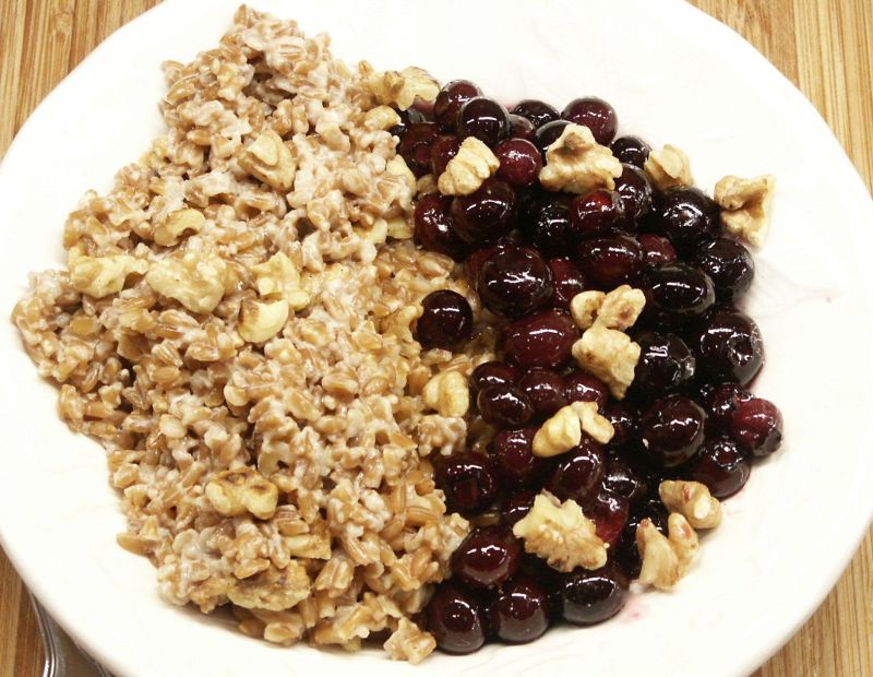 Moveable Feasts Hot Farro Porridge with Blueberries and Toasted Walnuts