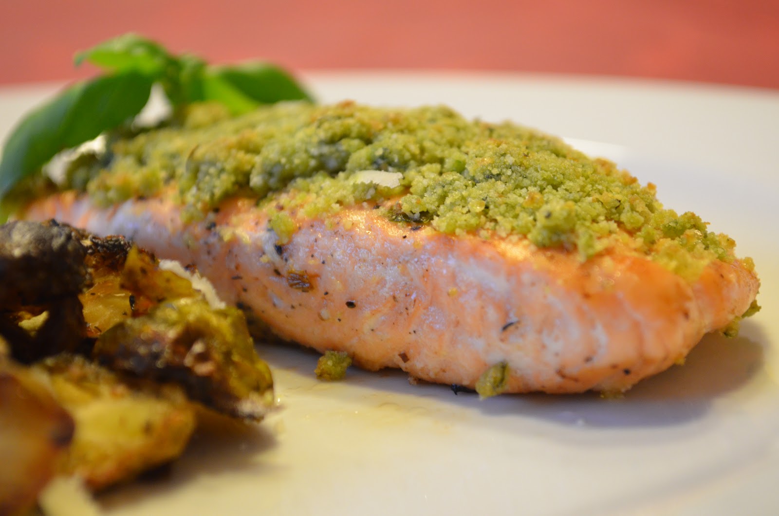 13 Secret Sauce Pesto Crusted Salmon with Grilled Brussel Sprouts