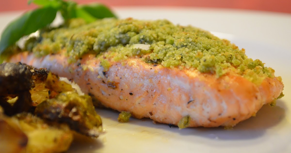 13 Secret Sauce Pesto Crusted Salmon with Grilled Brussel Sprouts