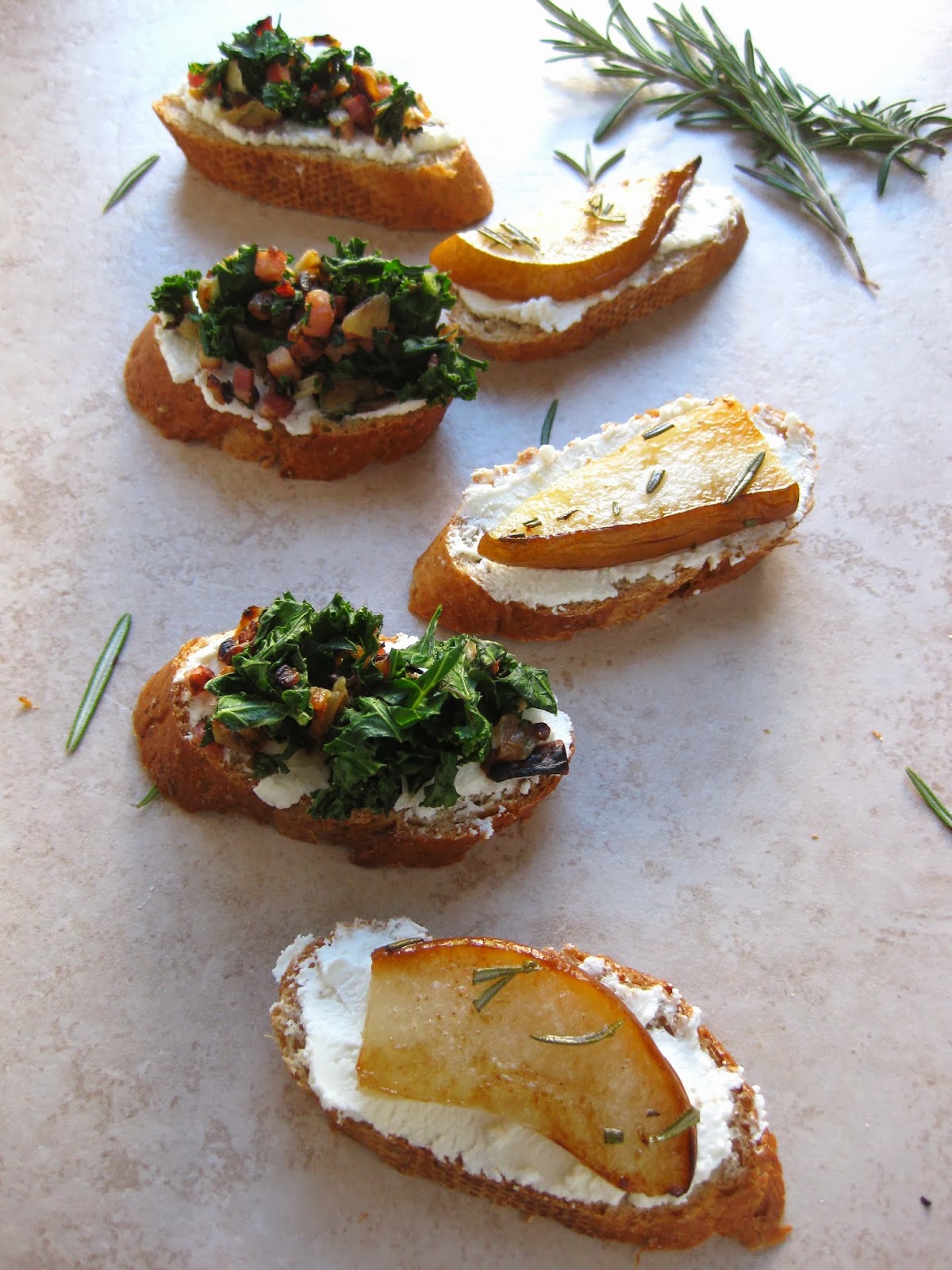 Stew or a Story Whipped Goat Cheese Crostini with Pancetta & Kale and Rosemary Roasted Pears