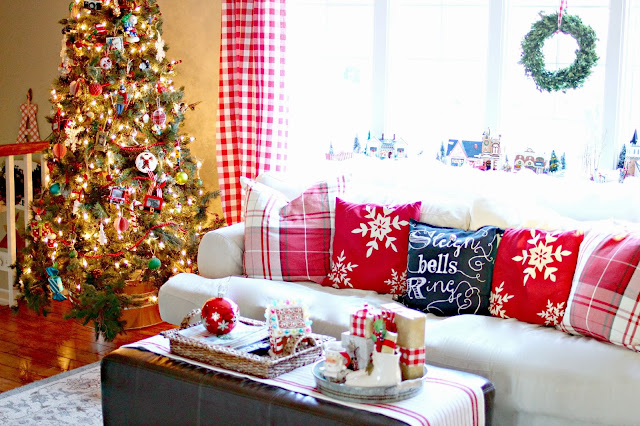 Red check drapes made from tablecloths, Pottery Barn plaid pillows, chalk writing pillow-www.goldenboysandme.com