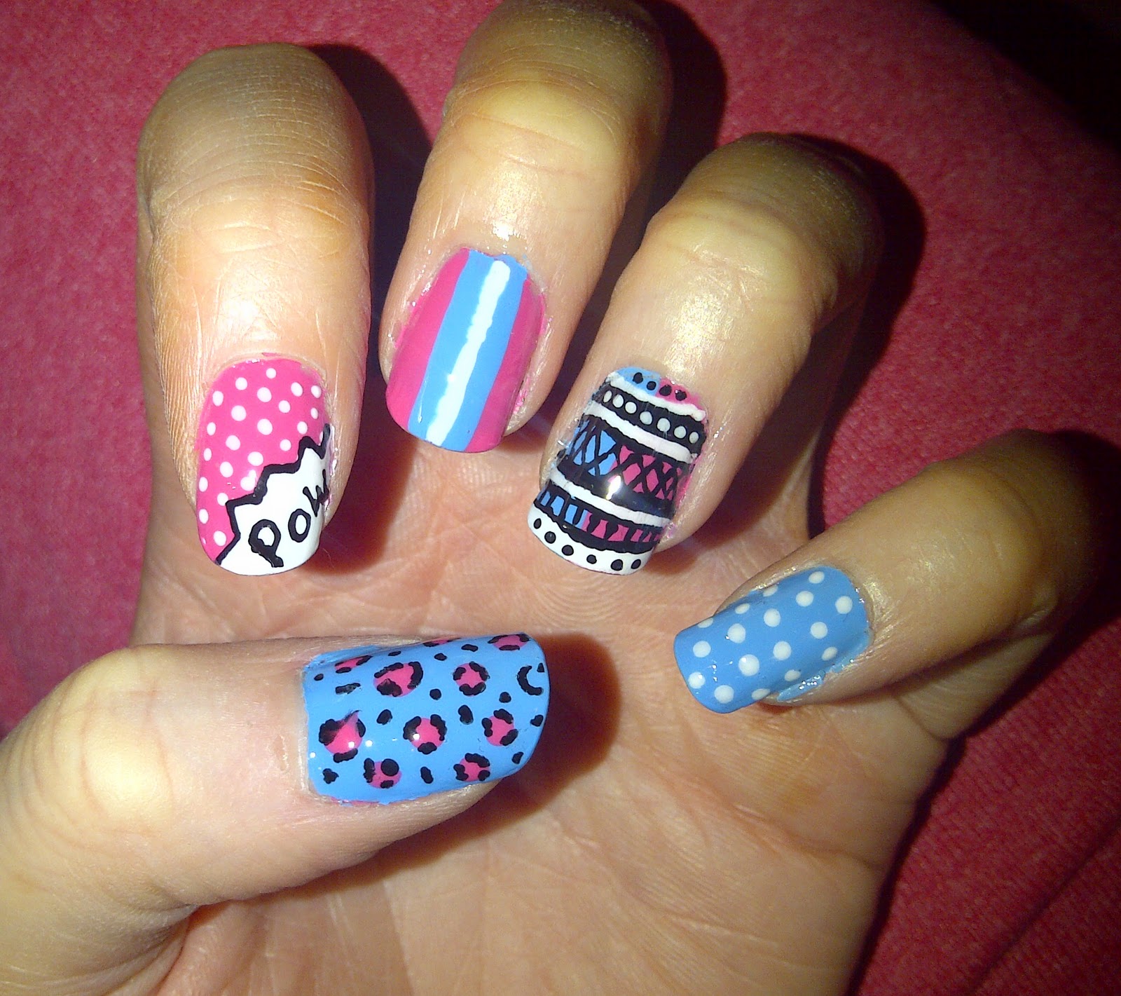 Models Own: Hot Pink, Feeling Blue, Snow White, black and white nails