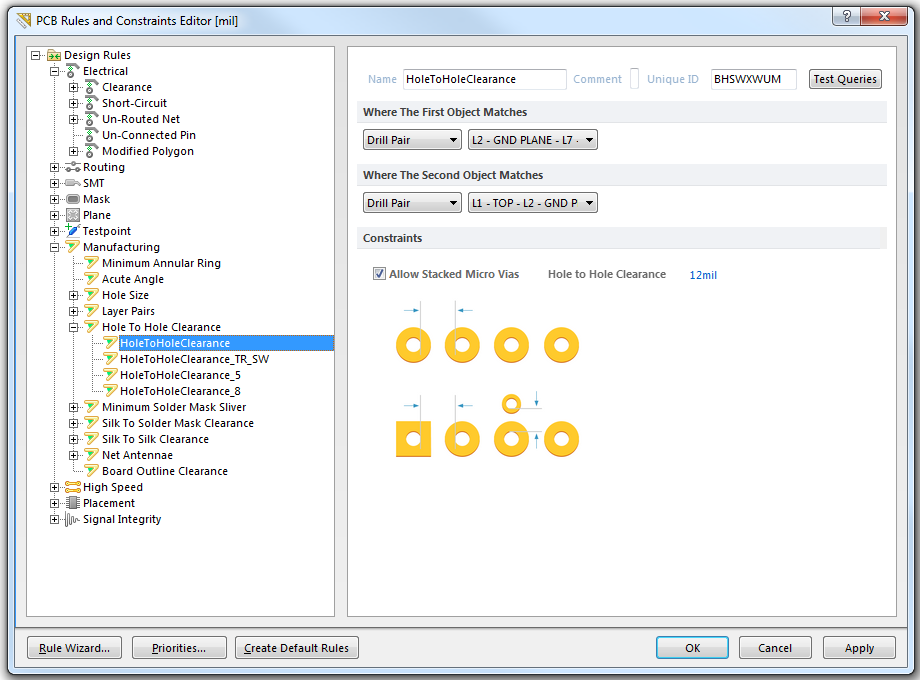 Altium PCB Designer Hole to Hole Clearance Rules