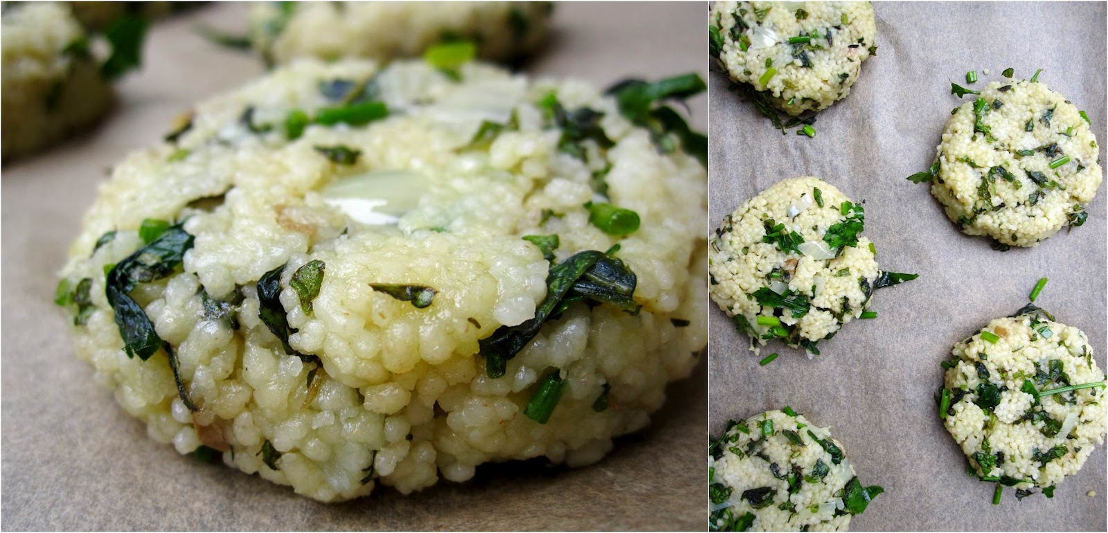 Edible biology Mixed herb and couscous patties with roasted pepper and