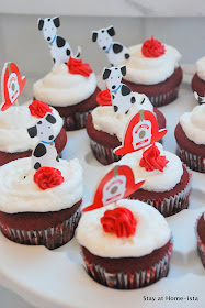 fire hat and fire dog cupcakes for a fire truck birthday party