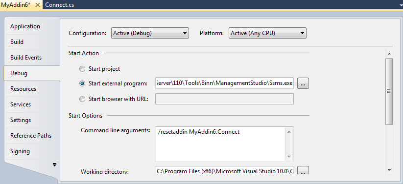 Visual Studio 2008 Debug Start External Program