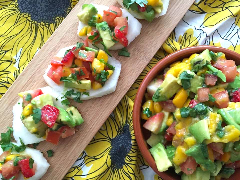 Raw jicama chips n’ salsa Kimchi and Beans