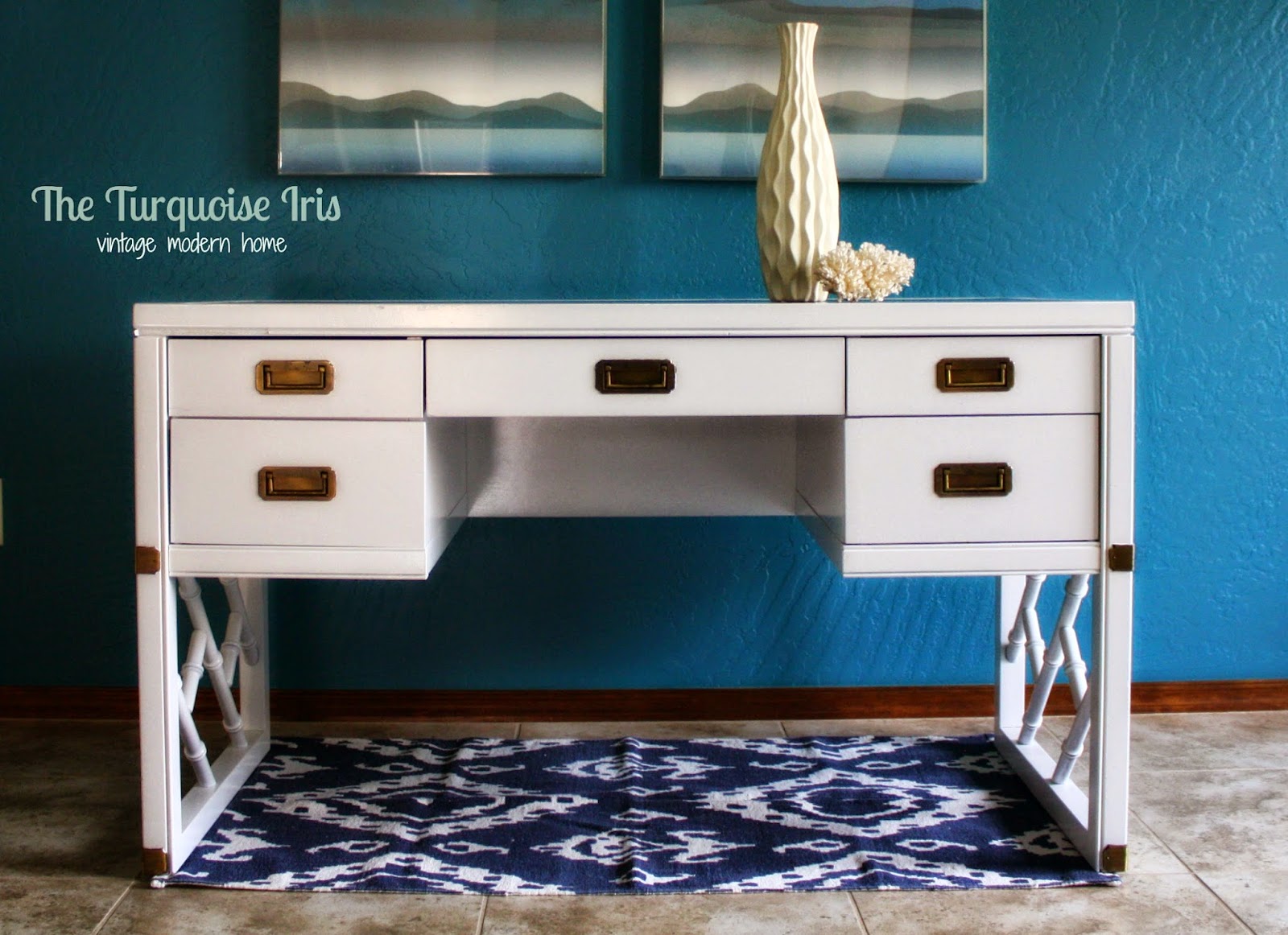 The Turquoise Iris Furniture Art White Campaign Desk In