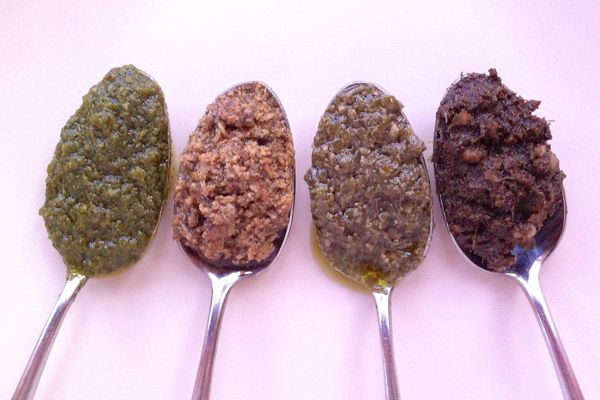 spoons of vegan pesto: Florentino, Suma, Sunita, Zest