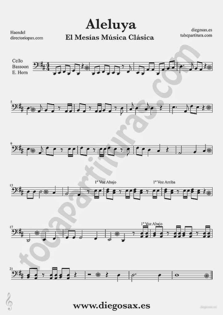 Tubescore Hallelujah by Handel Sheet Music for Cello Bassoon and Euphonium