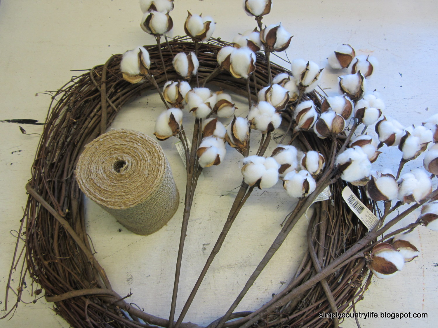 Simply Country Life How to make Your Own Cotton Boll Branch Wreath