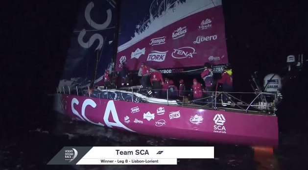 Photo of Team SCA just after crossing the Volvo Ocean Race Leg 8 finish line