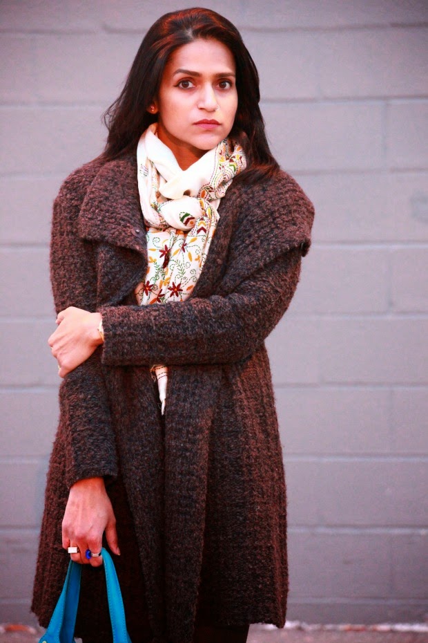 Wool Coat - Eileen Fisher, Leggings - BCBG, Scarf - Gift, Bag - Jimmy Choo, Boots - Calvin Klein, Tanvii.com