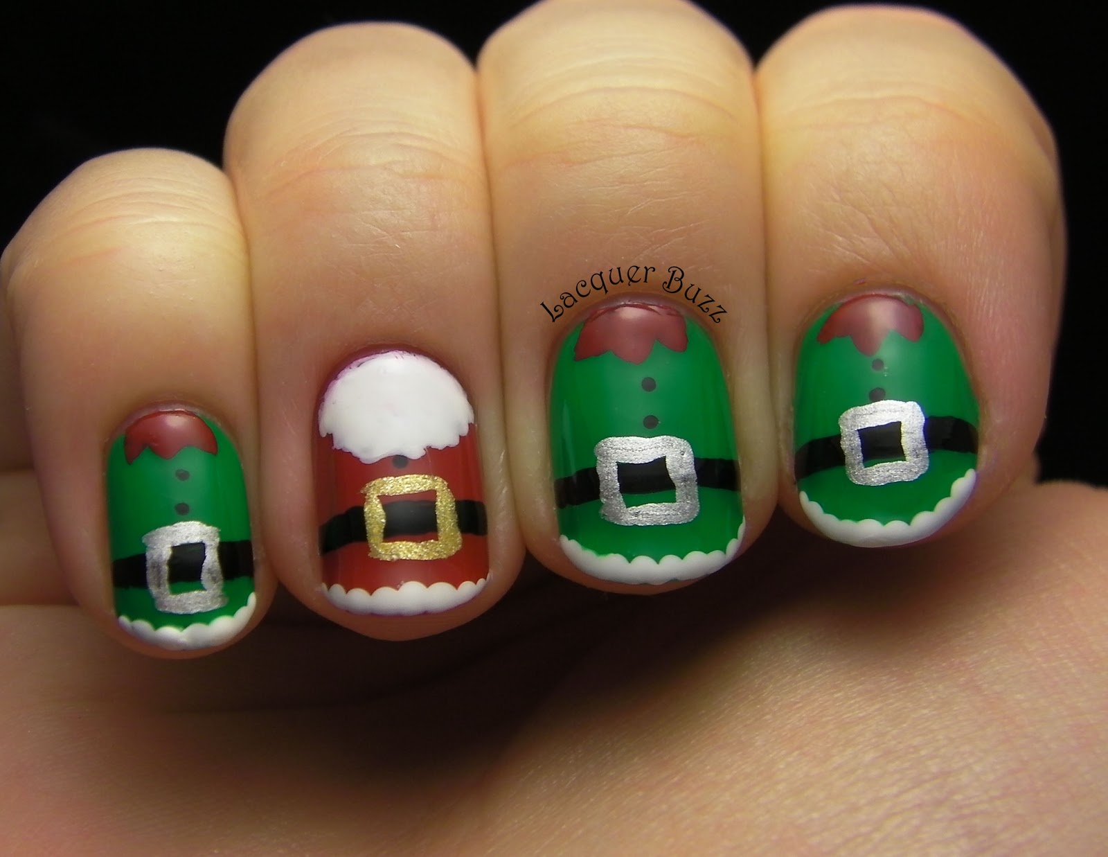 Lacquer Buzz Winter Holiday Challenge Santa And Elves As Tools I Used A Thin Nail Art Brush Striping And Some Dotting Thick Coat Of Seche Vite That S It