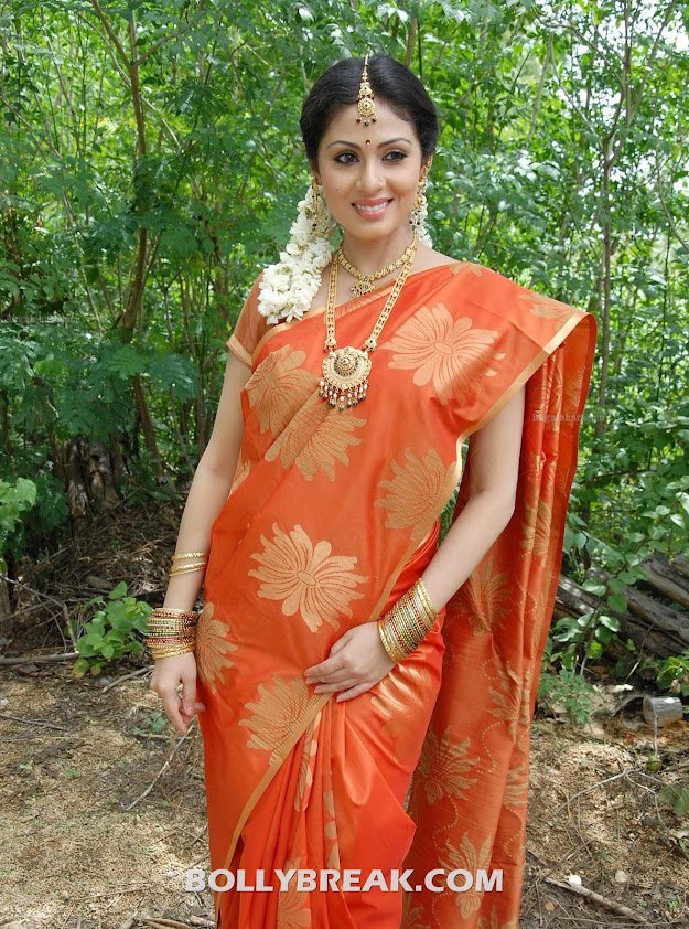 Sada holding her sari -  Sada in Orange Saree photos