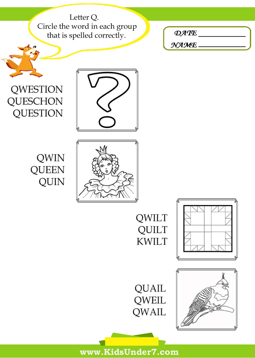 kids under 7 circle the correct spelling of q words words with the letter q