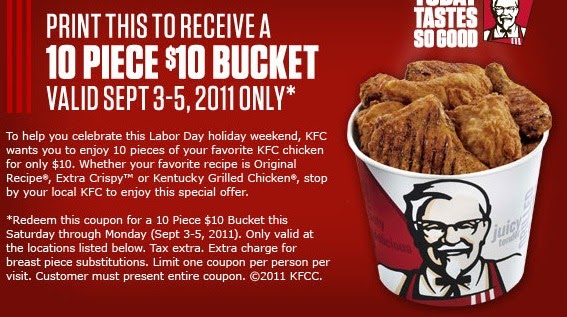 Mom For A Deal: KFC~ 10 Piece Bucket for $10 (9\/3-9\/5 Only)