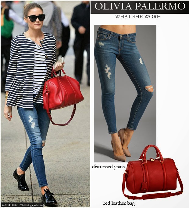 WHAT SHE WORE: Olivia Palermo in stripe jacket, distressed blue skinny  jeans with red leather bag in New York on October 13 ~ I want her style -  What celebrities wore and