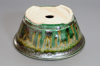 織部釉丸盆栽鉢（Oribe glaze bonsai pot）h1816