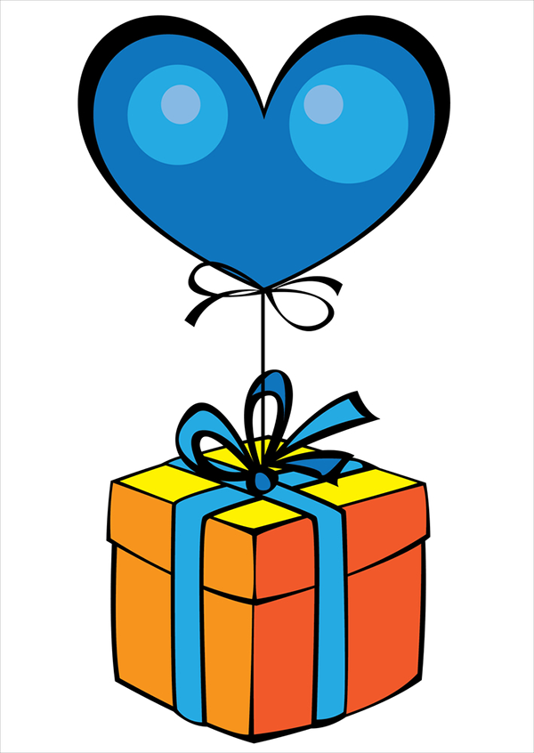 Gift with blue heart balloon