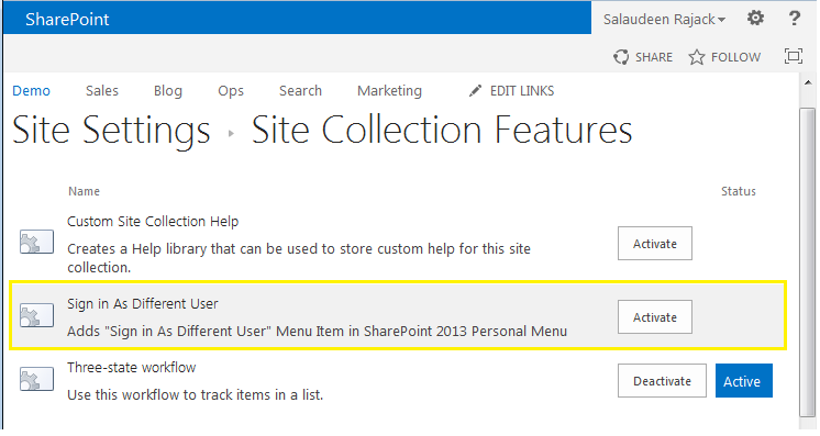 how to enable sign in as different user in sharepoint 2013