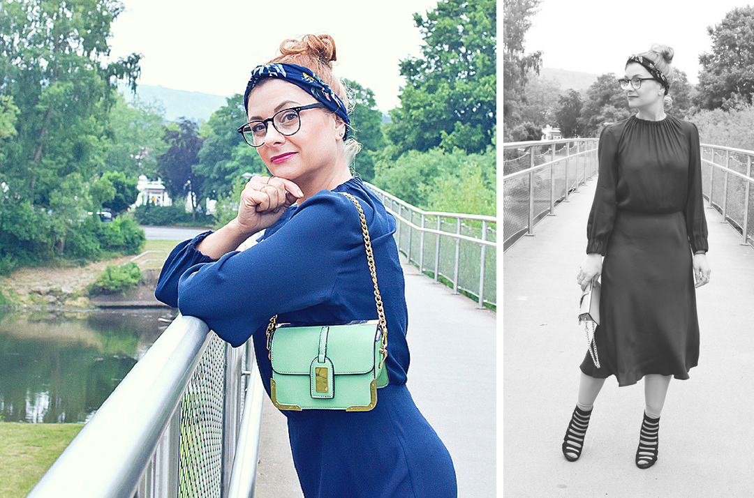 schönes Midikleid mit langen Ärmeln in Dunkelblau wie kombiniere ich ein Midikleid, Midikleid tragen