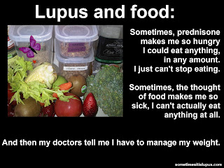 Image: fruits, vegetables, pulses. Text: Lupus and Food: Sometimes prednisone makes me so hungry I can't stop eating. Sometimes the thought of food makes me so sick I can't eat at all. And then my doctors tell me I have to manage my weight.