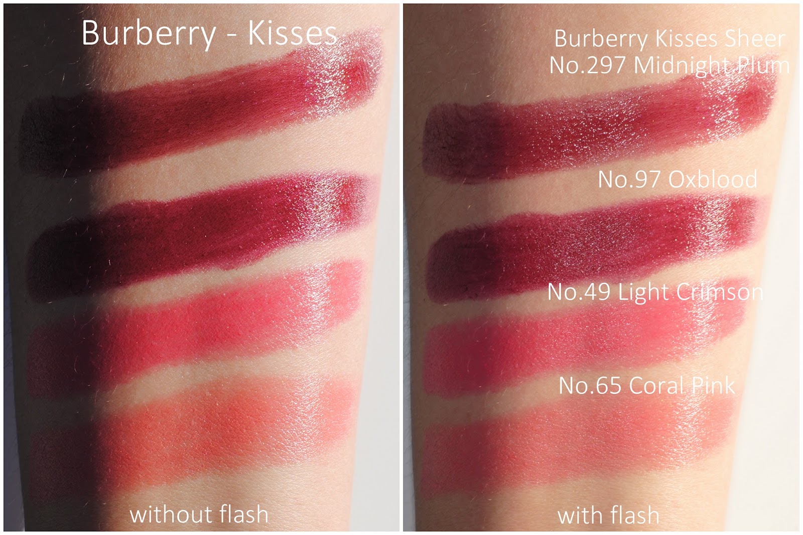 burberry kisses lipstick review Light Crimson Coral Pink Oxblood Midnight Plum swatches